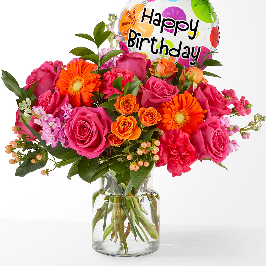 Fiesta Bouquet with Birthday Balloon – Platte Floral, Colorado Springs CO