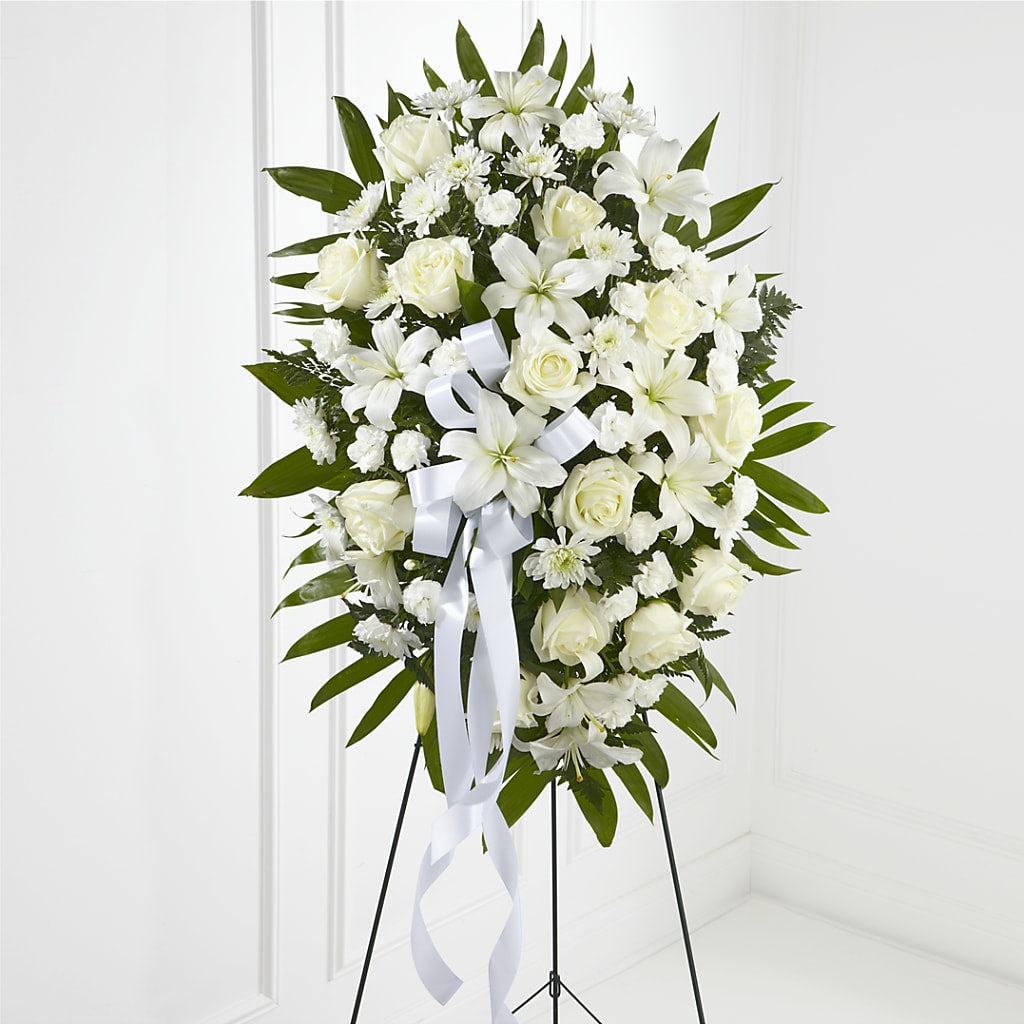 Exquisite Tribute Standing Spray-White Ribbon – Platte Floral, Colorado Springs CO