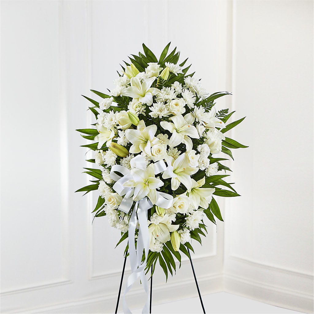 Exquisite Tribute Standing Spray-White Ribbon – Platte Floral, Colorado Springs CO